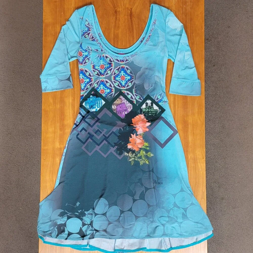 Save the Queen Teal Print 3/4 Sleeve Scoop Neck Dress - M - Picture 4 of 13